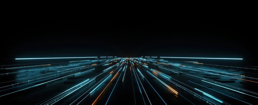 Abstract data flow moving in horizontal lines over dark surface.