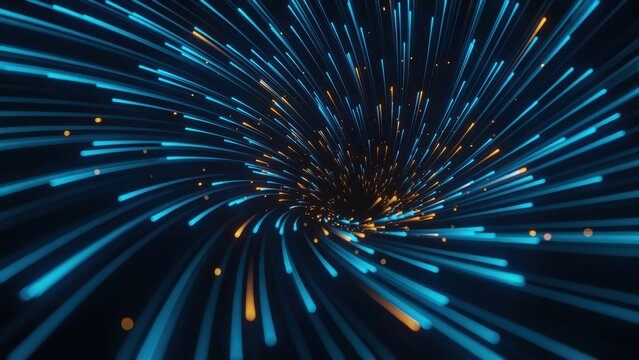 Abstract futuristic digital tunnel with swirling blue and orange light streaks.