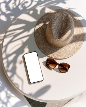 Smartphone blank screen mockup with straw hat sunglasses and tropical shadows on white table