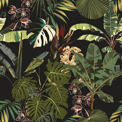 Seamless pattern with tropical palm leaves and exotic plants. Dark and bright palm leaves on the dark background. Vector seamless pattern. Tropical illustration. Jungle foliage. © Iuliia