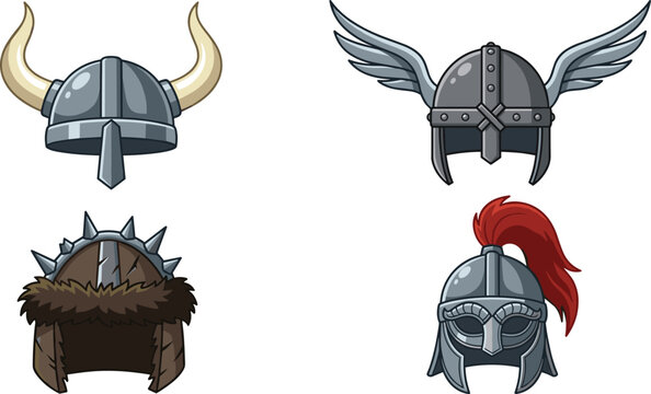 Ancient Warrior and Viking Helmet Collection with Horned Winged Spiked and Gladiator Red Crest Plume Headwear Symbols Cartoon Vector Illustration