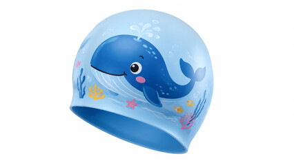 Fototapeta premium クジラのイラストが描かれた可愛い子供用の水泳帽、水色のスイムキャップ generative ai