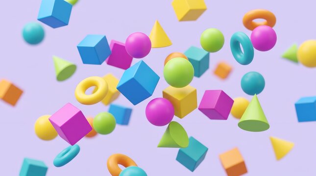 Floating 3D Geometric Shapes in Colorful Minimalist Composition