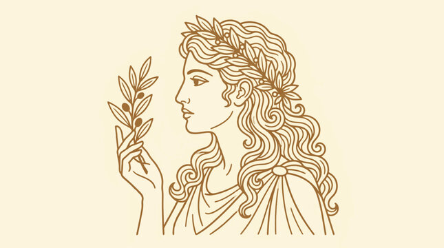 Elegant line art of Aphrodite, Greek goddess of love and beauty, wearing a laurel wreath and holding an olive branch
