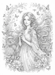Fototapeta premium Beautiful fairy princess coloring page with butterflies and flowers for adults. Generative AI
