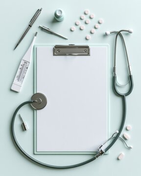 Medical clipboard with stethoscope, thermometer, pills and blank patient form
