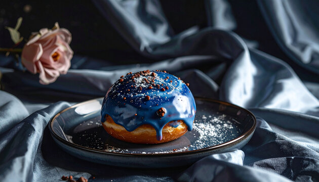 A gourmet donut with a vibrant dark blue glaze and chocolate sprinkles, elegantly presented on a dark plate with a soft blue fabric background and a pink rose.