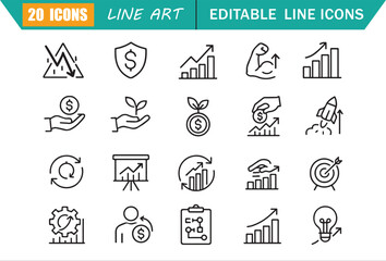 Fototapeta premium Economic recovery icons set, 20 editable line art icons set, economy crisis, growth, resilience, finance, planning, development, investment, business strategy theme style, clean outline vector