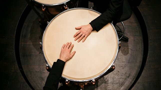 A percussionist plays a classical timpani drum during a musical concert