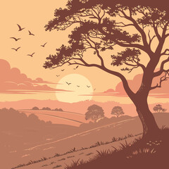 Naklejka premium Picturesque sunset landscape with rolling fields a prominent tree silhouette and flock of birds soaring under a warm, glowing sky.