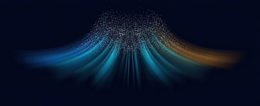 Flowing abstract particle streams with energy light waves on dark background.