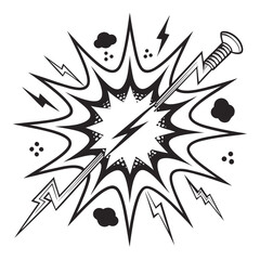 Explosion graphic with a lightning bolt striking a thumbtack, representing a sharp impact or piercing effect in comic style. © Md Monzel