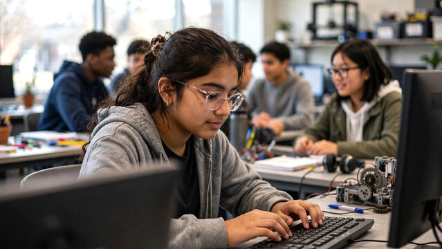 A diverse group of high school students collaborating on a computer-based class project, with a teenage girl typing on a desktop computer while learning software, programming, and digital technology.