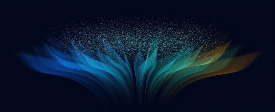 Dynamic light energy waves forming particle cloud on dark background.