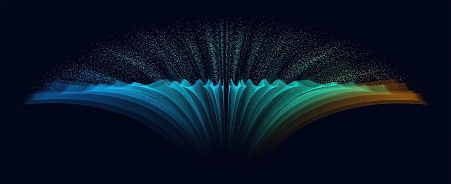 Abstract digital background featuring flowing particles forming wave structures with blue and green gradients in dark space.