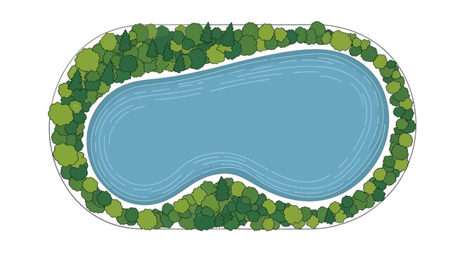 Top view of a blue swimming pool surrounded by a dense ring of green trees and bushes landscape design vector illustration on white background