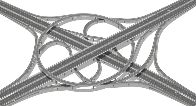 Complex highway interchange with multiple curved ramps and straight roads isolated on white background 3d rendering of modern infrastructure and transportation network