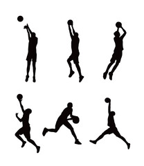 Set of six basketball player silhouettes isolated on a white background. Black vector illustration of basketball motion poses for sports event, poster, and logo design. © Tuesday04