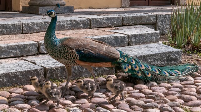 Peacock walking with small chicks on stone path near building steps
