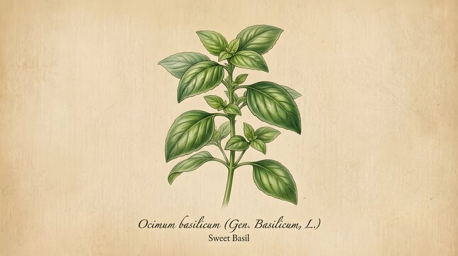 Vintage botanical illustration of sweet basil herb plant with leaves and scientific name on a textured paper background