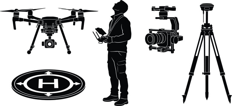 Drone pilot and surveying equipment vector set with quadcopter, landing pad, gimbal camera, and tripod station