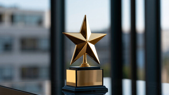 Golden star trophy displayed on a reflective surface with a blurred office backdrop, business award, recognition ceremony, corporate excellence, with copy space