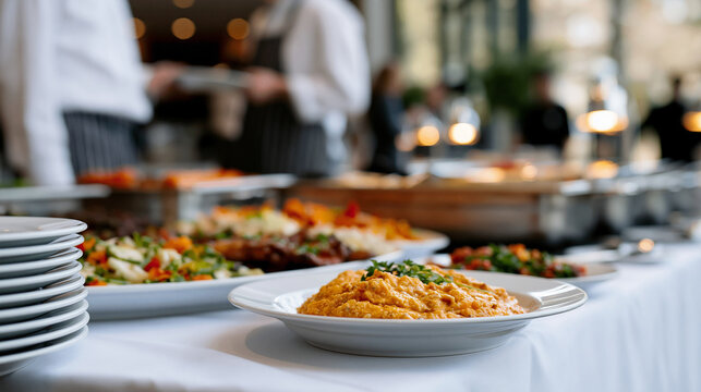 Culinary staff preparing a buffet line for a professional business lunch event, corporate catering service, teamwork in hospitality, with copy space