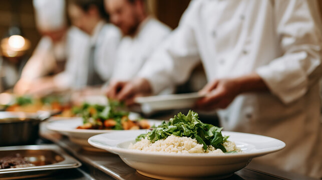 Culinary staff preparing a buffet line for a professional business lunch event, corporate catering service, teamwork in hospitality, with copy space
