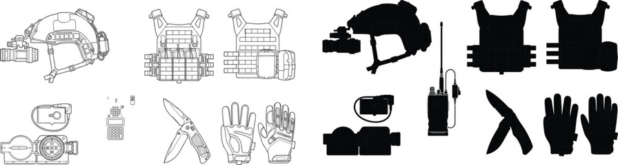 Set of tactical military gear, helmet, plate carrier, radio, knife, and gloves vector line and silhouette icons design © MstLata