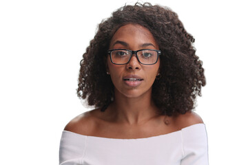 Obraz premium Portrait of african american young business woman showing finger gesture to the side