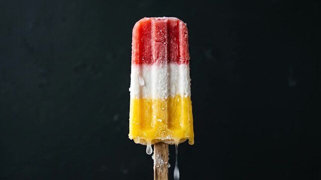 Layered fruit popsicle on dark textured background.