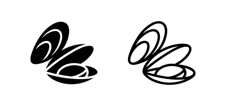 Black and white mussel or clam icons, shellfish seafood illustration on white background