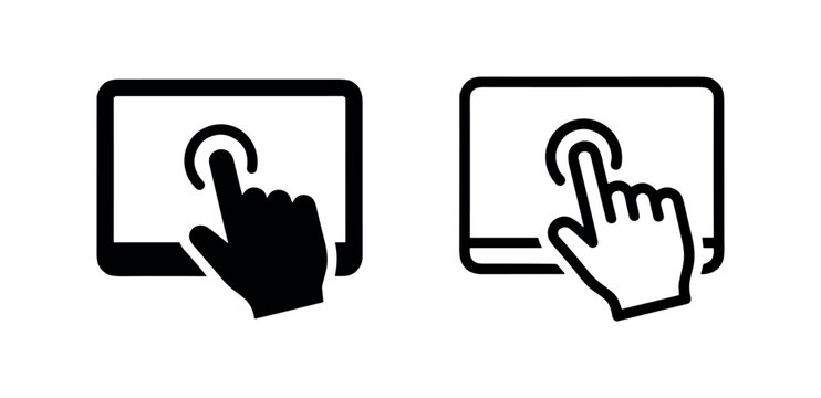 Finger touching tablet screen icon, touchscreen gesture illustration on white background