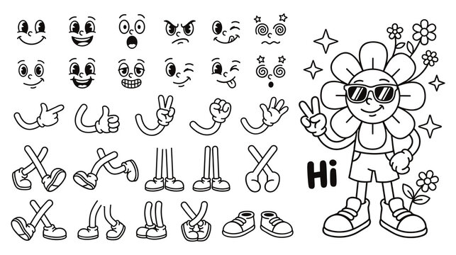 Retro cartoon character builder set with flower head gestures and legs.