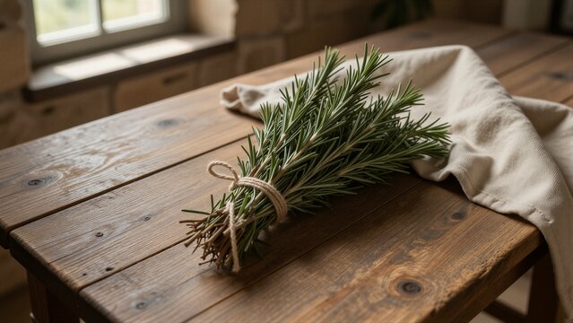 A fragrant bundle of fresh rosemary sprigs lies on a rustic wooden table, tied with natural twine in a softly lit kitchen.