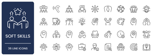 Soft skills icon set. Collection of emotional intelligence, teamwork collaboration, problem solving, time management and communication ability line icon vector illustration with editable stroke.