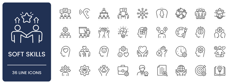Soft skills icon set. Collection of emotional intelligence, teamwork collaboration, problem solving, time management and communication ability line icon vector illustration with editable stroke.