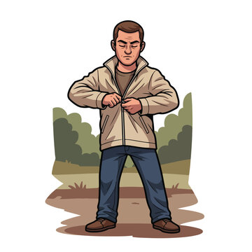 Man zipping up his jacket in a wooded area