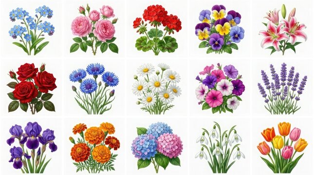 A collection of beautiful watercolor illustrations featuring various colorful garden flowers arranged in a grid on white