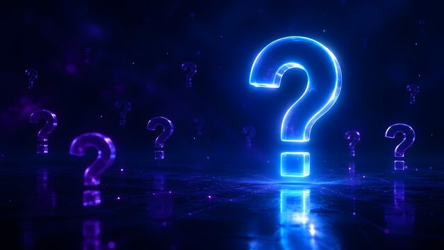 Glowing blue question mark illuminates a dark, futuristic digital environment, surrounded by subtle purple queries, representing global challenges, unknown solutions, and intellectual search.