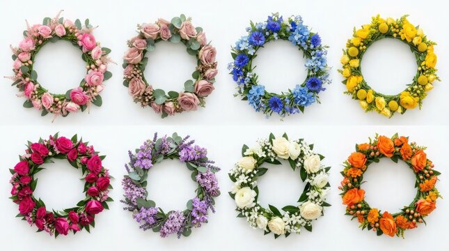 Collection of eight colorful decorative floral wreaths arranged in two rows on a plain white background surface