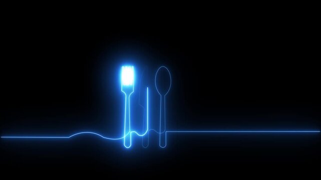 Glowing blue neon fork, knife, and spoon cutlery icon outline isolated on black background, perfect for restaurant, food delivery, and dining concept.