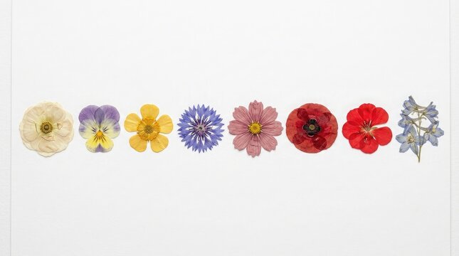A horizontal collection of vibrant assorted garden flowers arranged in a row against a clean white background