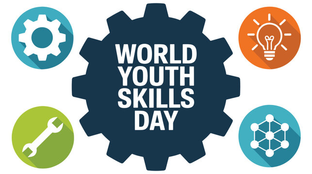 World Youth Skills Day is represented by a central gear icon surrounded by technical symbols including a lightbulb, wrench, and network structure.