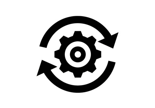Circular gear with continuous rotation arrows symbolizing perpetual motion or automation