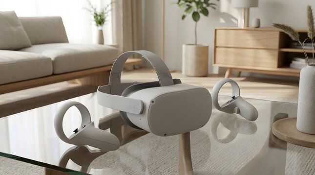 VR headset on coffee table. Virtual reality goggles with controllers in living room.