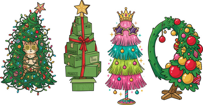 Funny Quirky Christmas Tree Vector Set with Cat Tangled in Lights, Cardboard Boxes, Colorful Tinsel, and Novelty Wreath for Unique Holiday Card Designs