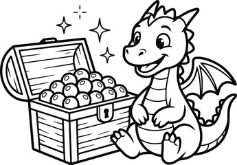 A happy little dragon sits beside an open treasure chest filled with gold coins against a clean white background for projects. © SAYEDUR