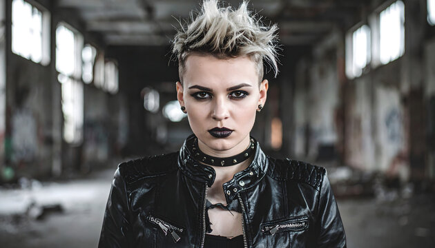 A Punk woman with platinum hair standing in industrial space looks confrontational sharp and full of gritty raw rebellious rock energy generative AI