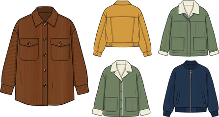Outerwear Fashion Flat Sketch Vector Set with Corduroy Shacket Denim Jacket Bomber and Sherpa Lined Fleece Winter Coats Technical Drawings © DEVARAJ